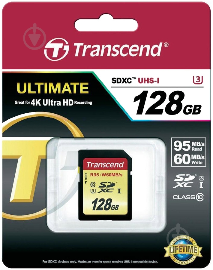 Карта памяти Transcend Ultimate SDXC 128GB Class 10 UHS-I U3 R95/W65 MB/s (TS128GSDU3) - фото 2 Карта памяти Transcend Ultimate SDXC 128GB Class 10 UHS-I U3 R95/W65 MB/s (TS128GSDU3) - фото 2