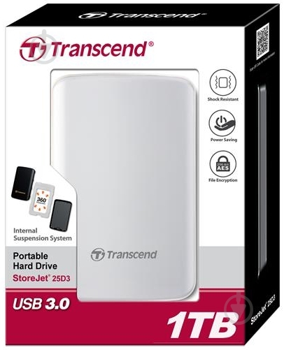 Зовнішній жорсткий диск Transcend Storejet 2.5 D 1 ТБ 2,5" USB 3.0 (TS1TSJ25D3W) - фото 2 Зовнішній жорсткий диск Transcend Storejet 2.5 D 1 ТБ 2,5" USB 3.0 (TS1TSJ25D3W) - фото 2