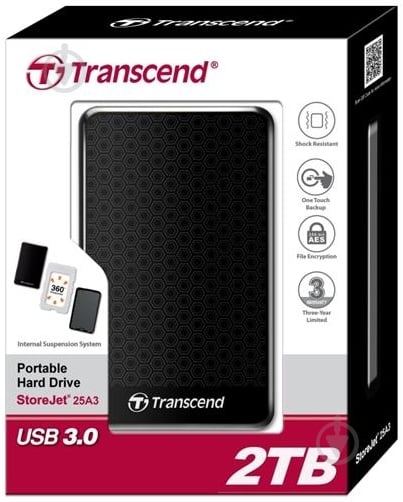 Зовнішній жорсткий диск Transcend StoreJet 2.5 2 ТБ 2,5" USB 3.0 (TS2TSJ25A3K) - фото 1 Зовнішній жорсткий диск Transcend StoreJet 2.5 2 ТБ 2,5" USB 3.0 (TS2TSJ25A3K) - фото 1