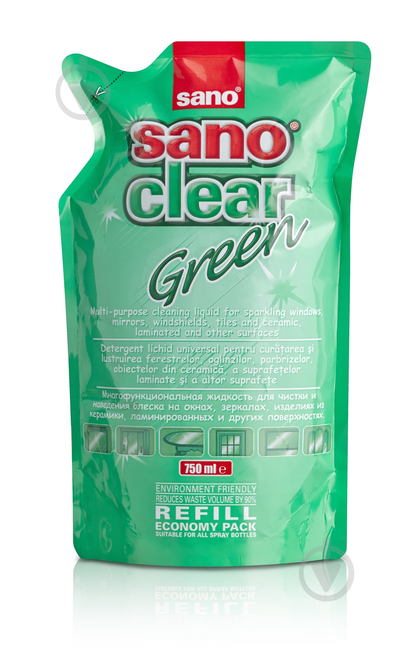 Средство моющее для стекла и зеркал Sano запаска Clear Green 0,75л - фото 2 Средство моющее для стекла и зеркал Sano запаска Clear Green 0,75л - фото 2