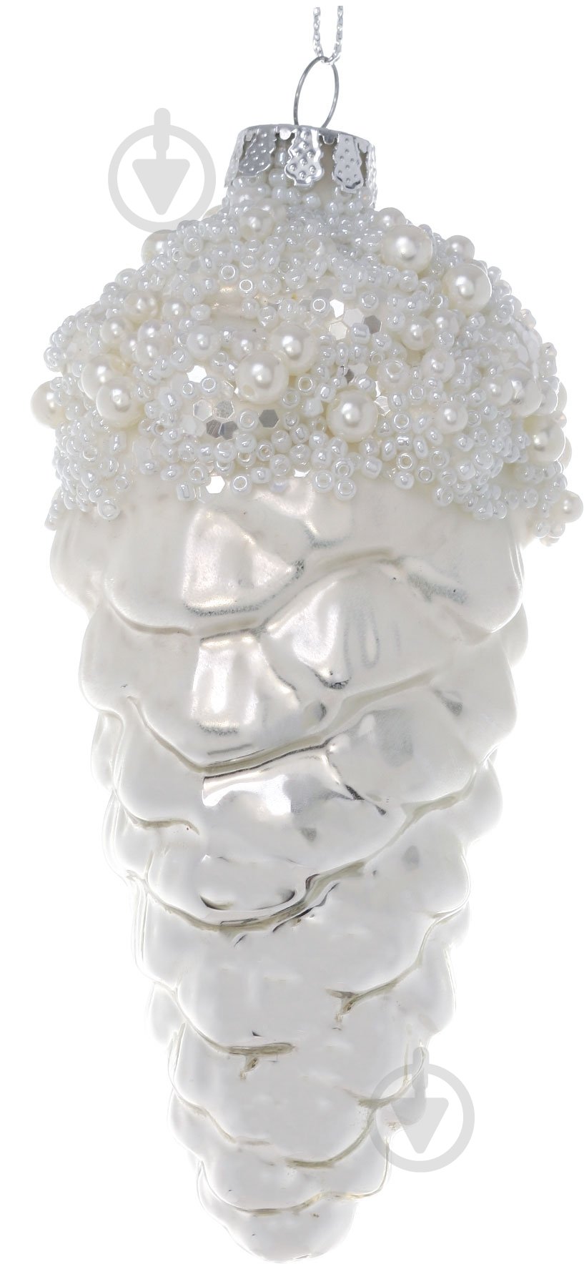 Елочная игрушка Шишка с бусинками белая 15 см - фото 1 Елочная игрушка Шишка с бусинками белая 15 см - фото 1