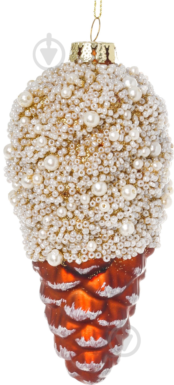 Елочная игрушка Шишка с бусинками коричневая 15 см - фото 1