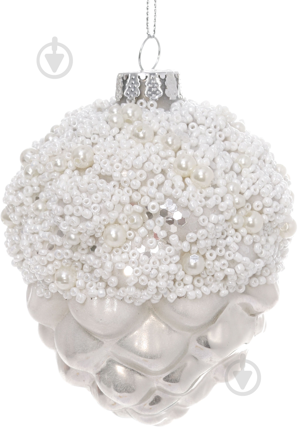 Елочная игрушка Шишка с бусинками серебристая 11 см - фото 1 Елочная игрушка Шишка с бусинками серебристая 11 см - фото 1