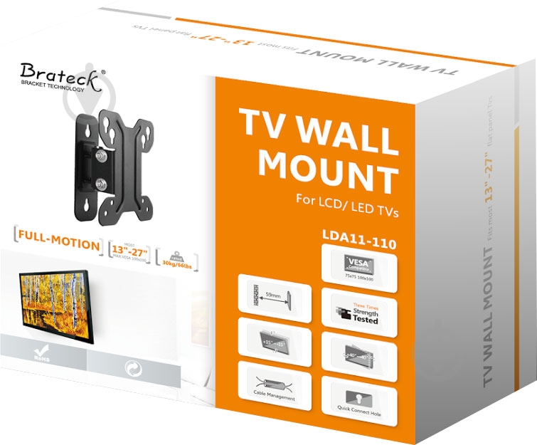 Крепление для телевизора Brateck LDA11-110 поворотно-наклонные 13"-27" черный - фото 3