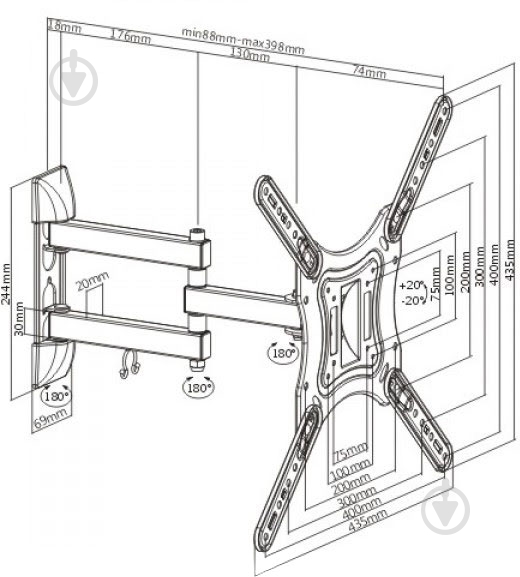 Крепление для телевизора Brateck LPA51-443 поворотно-наклонные 13"-55" черный - фото 3 Крепление для телевизора Brateck LPA51-443 поворотно-наклонные 13"-55" черный - фото 3