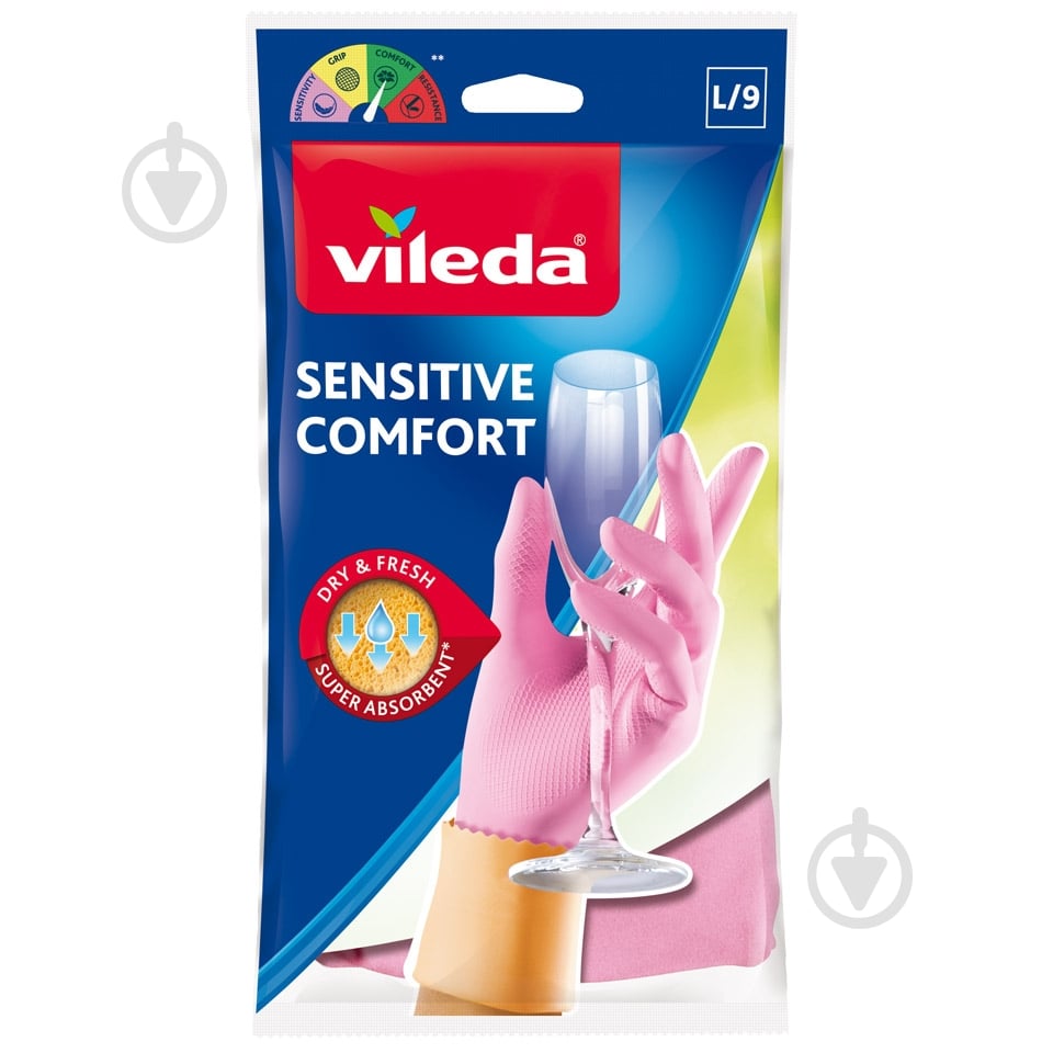 Перчатки резиновые Vileda Sensitive Comfort для деликатных работ крепкие р. L 1 пар/уп. розовые - фото 1