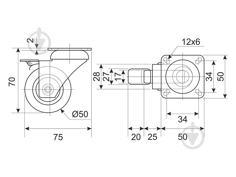 Колесо поворотное DC d 50 мм с площадкой и тормозом - фото 3 Колесо поворотное DC d 50 мм с площадкой и тормозом - фото 3