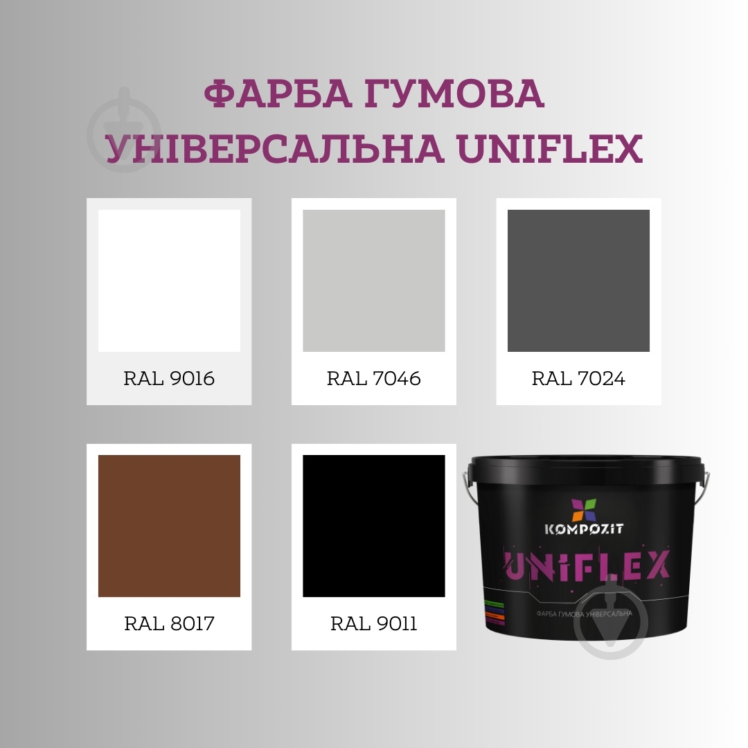 Краска универсальная резиновая Kompozit UNIFLEX мат Графит RAL7024 0,9 кг - фото 4