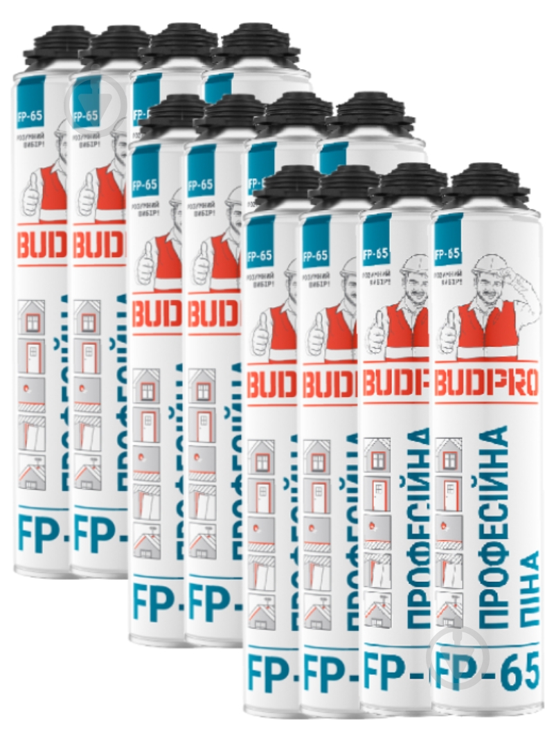 Пена монтажная BUDPRO FP-65 Professional Gunfoam ящик 12 баллонов 720 мл - фото 1