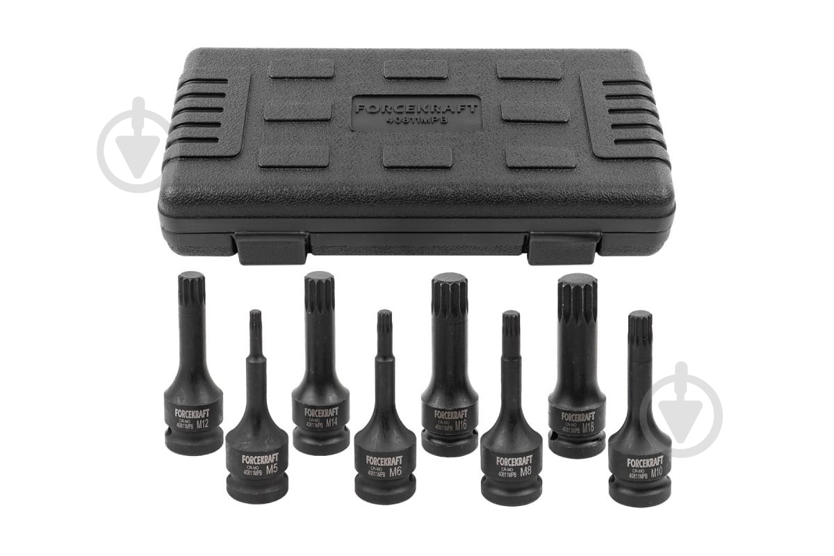 Набор насадок SPLINE ударных 1/2''(M5, M6, M8, M10, M12, M14, M16, M18), в кейсе Forcekraft 8 шт. FK-40811MPB - фото 1 Набор насадок SPLINE ударных 1/2''(M5, M6, M8, M10, M12, M14, M16, M18), в кейсе Forcekraft 8 шт. FK-40811MPB - фото 1