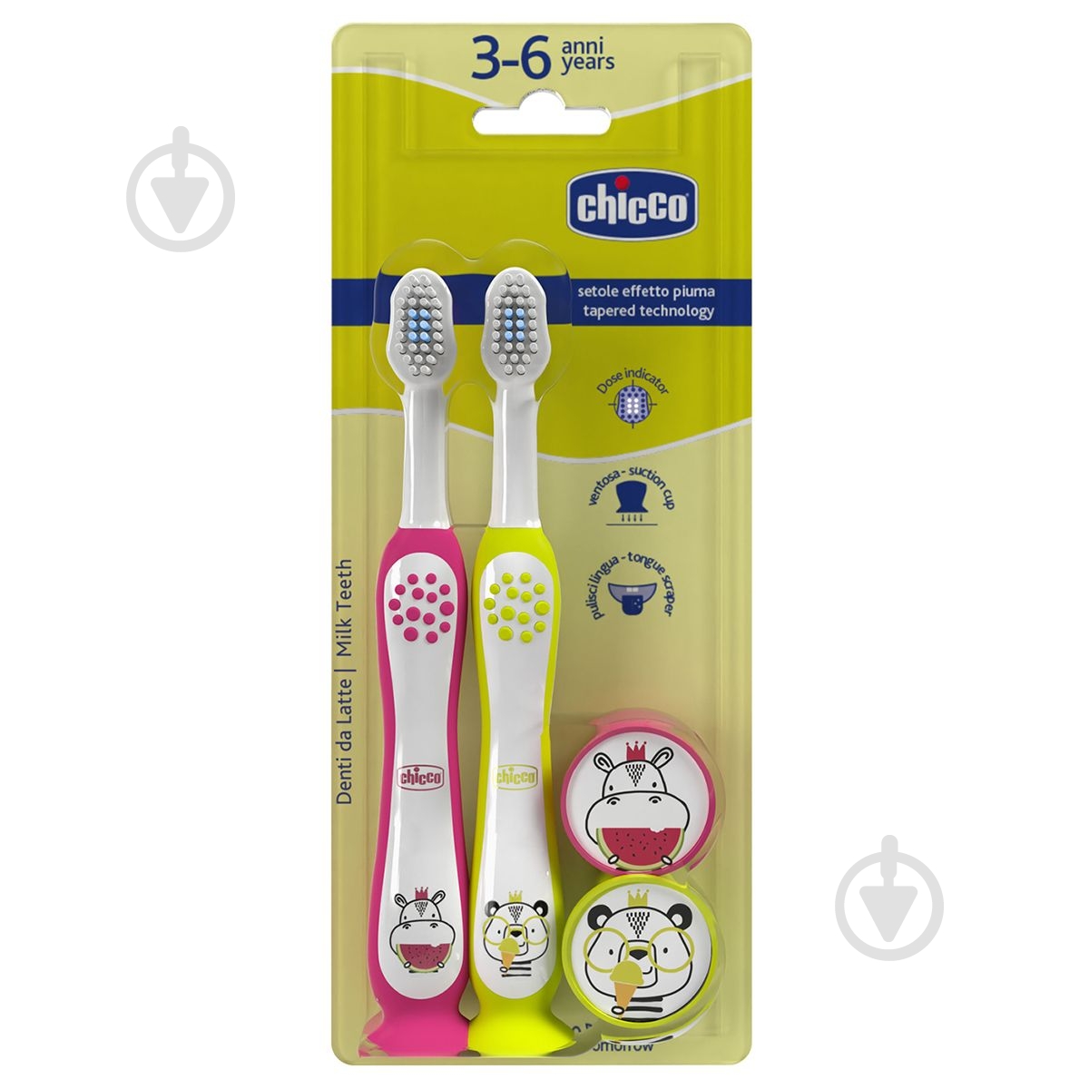 Детская зубная щетка Chicco на присоске 3-6 років 2 шт. 12084.00 очень мягкая 2 шт. - фото 1