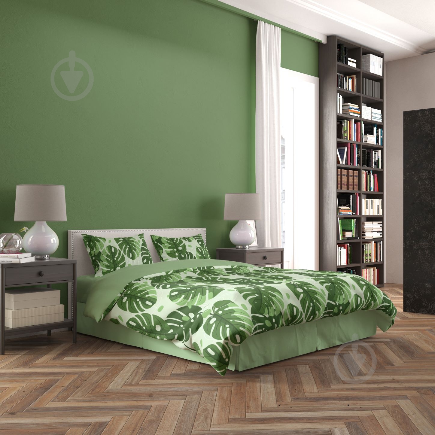 Комплект постельного белья Монстера 1,5 зеленый с рисунком Rigel - фото 1 Комплект постельного белья Монстера 1,5 зеленый с рисунком Rigel - фото 1