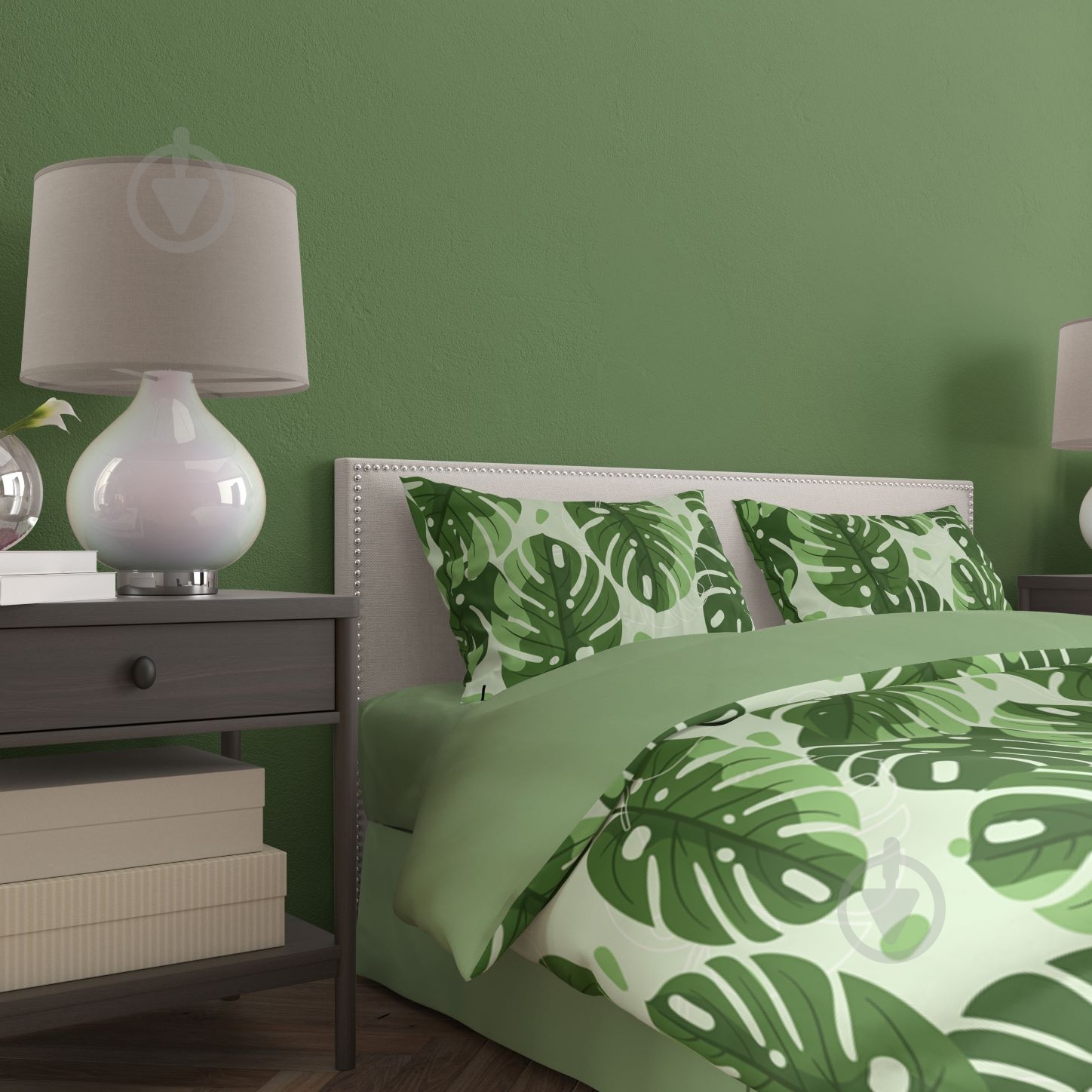Комплект постельного белья Монстера 1,5 зеленый с рисунком Rigel - фото 2 Комплект постельного белья Монстера 1,5 зеленый с рисунком Rigel - фото 2