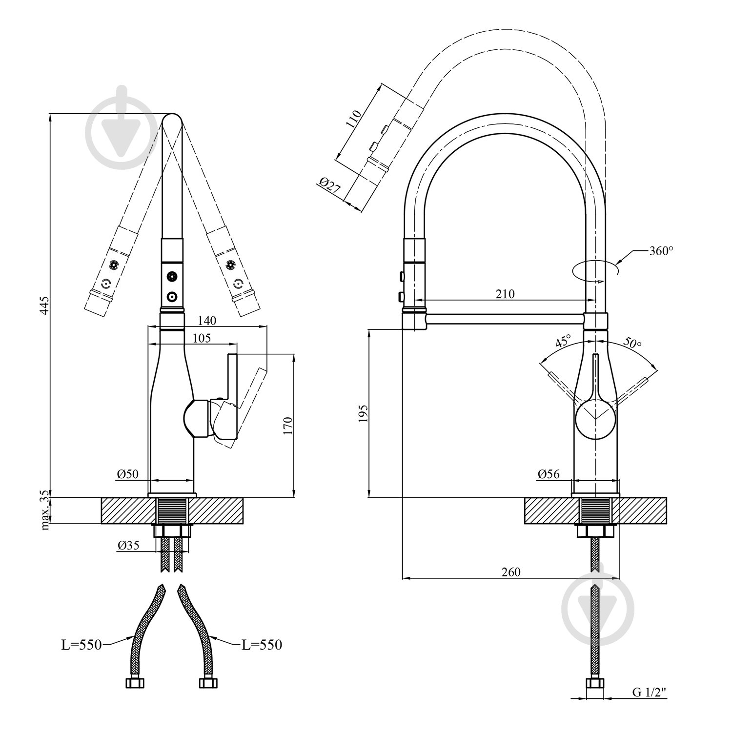 Смеситель для кухни Kroner KRP Ersel - SCH03112BLK - фото 3 Смеситель для кухни Kroner KRP Ersel - SCH03112BLK - фото 3