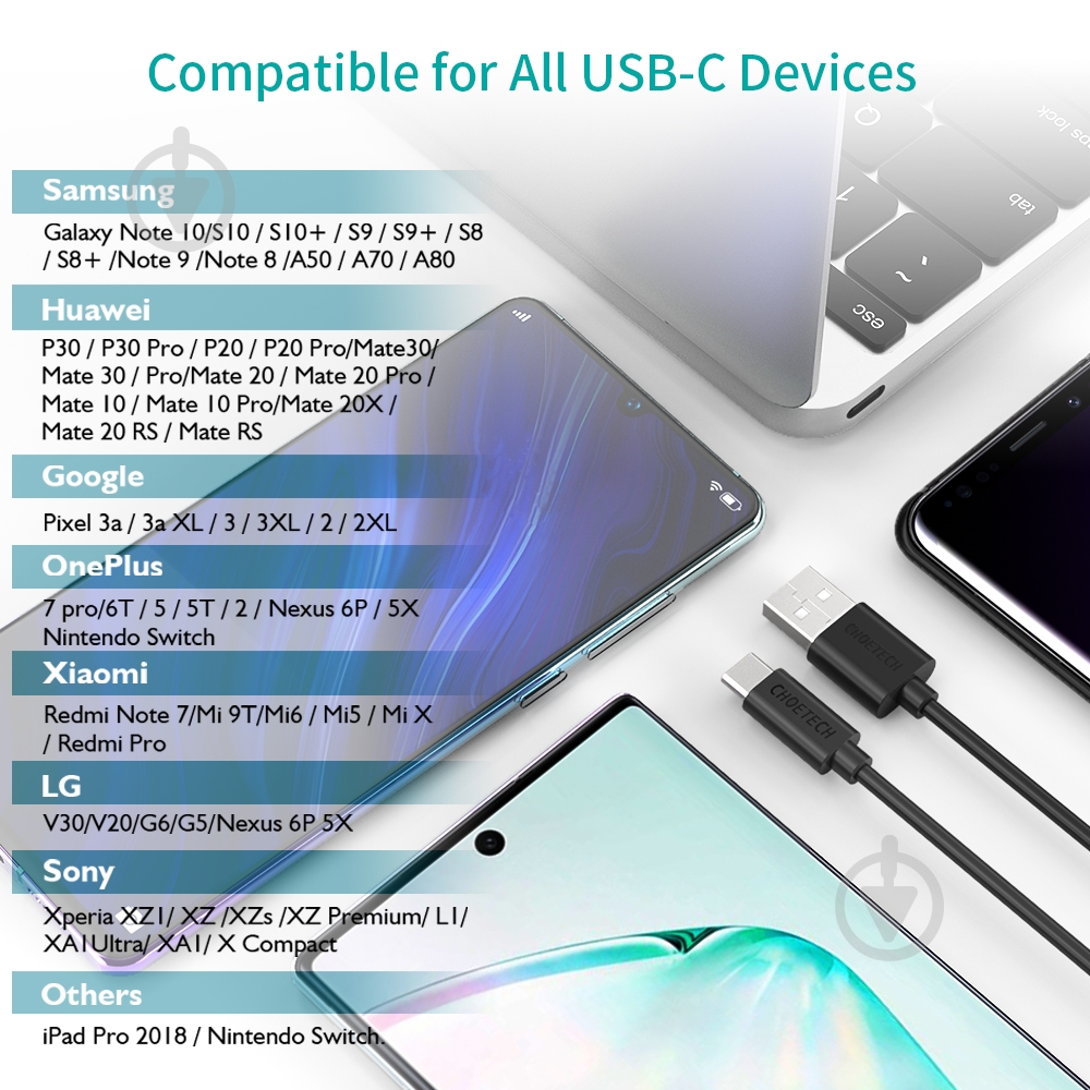 Кабель Choetech USB-A to Type-C 1 м white (AC0002-WH) - фото 9 Кабель Choetech USB-A to Type-C 1 м white (AC0002-WH) - фото 9