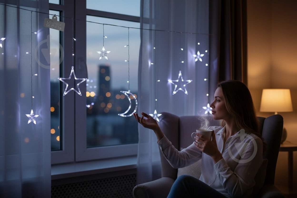 Електрогірлянда-штора Зірка-місяць світлодіодна (LED) 138 ламп 2,5 м (QC6001) - фото 2 Електрогірлянда-штора Зірка-місяць світлодіодна (LED) 138 ламп 2,5 м (QC6001) - фото 2