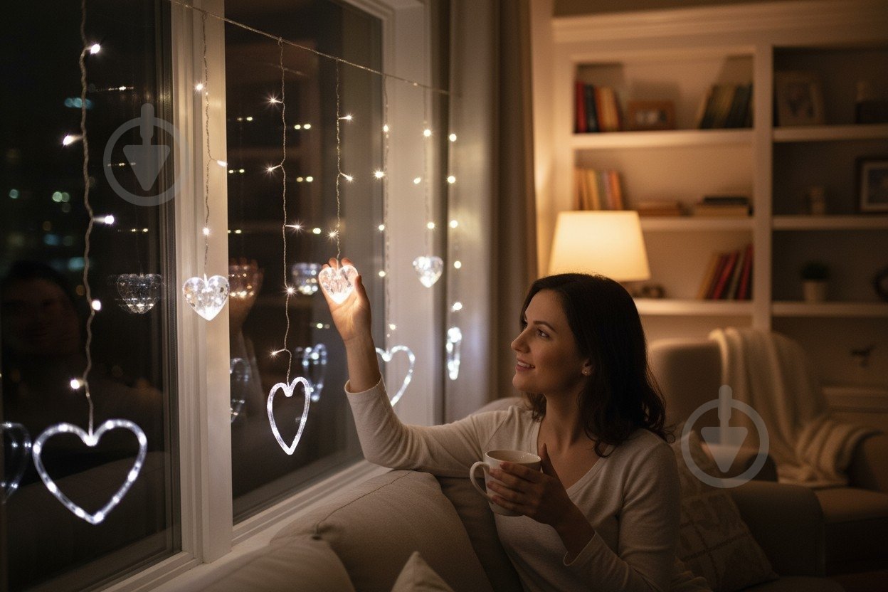 Электрогирлянда-штора Сердця светодиодная (LED) 138 ламп 2,5 м (QC6002) - фото 2 Электрогирлянда-штора Сердця светодиодная (LED) 138 ламп 2,5 м (QC6002) - фото 2