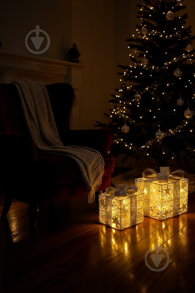 Декорация новогодняя набор подарочных коробок бело-золотой 19x15x12,5 см светодиодная (LED) 48 ламп (QC6013) - фото 2