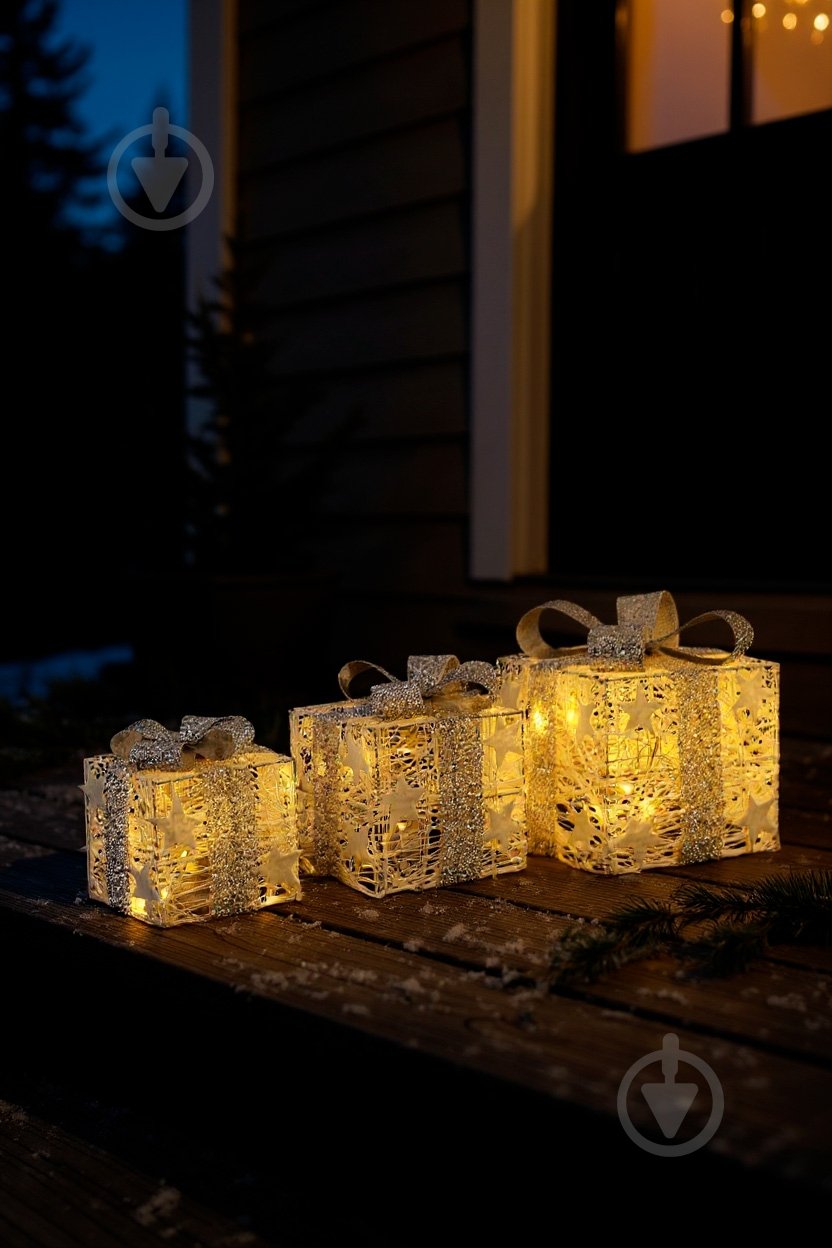 Декорация новогодняя набор подарочных коробок бело-золотой 19x15x12,5 см светодиодная (LED) 48 ламп (QC6013) - фото 3