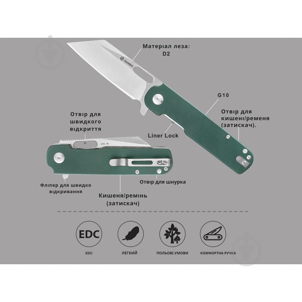 Нож складной Ganzo серый, D2, G770-GR - фото 9