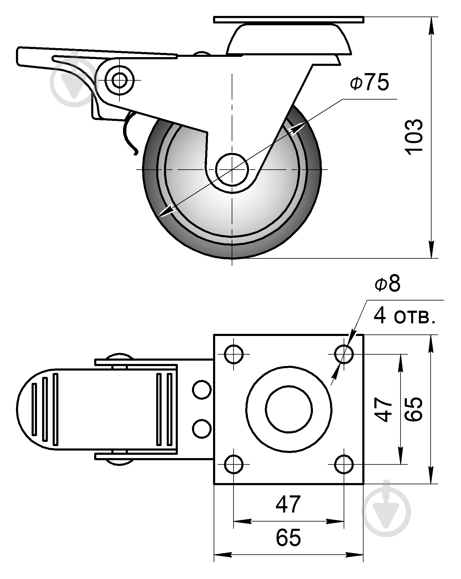 Ролик поворотный с площадкой термопл. резина D75 с тормозом черный Burak 0752 FZHSS - фото 3