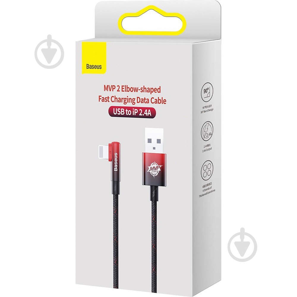 Кабель BASEUS MVP 2 Elbow-shaped Fast Charging Data Cable USB to iP 2.4A 1 м black/red (CAVP000020) - фото 4 Кабель BASEUS MVP 2 Elbow-shaped Fast Charging Data Cable USB to iP 2.4A 1 м black/red (CAVP000020) - фото 4