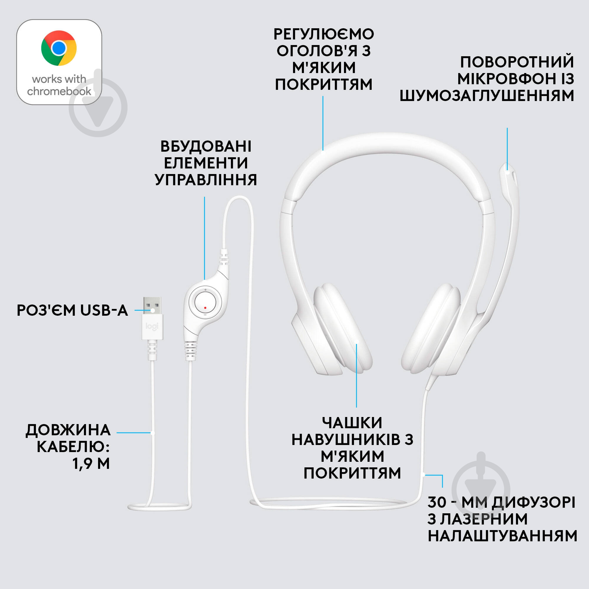 Гарнітура Logitech H390 USB white (981-001286) - фото 6