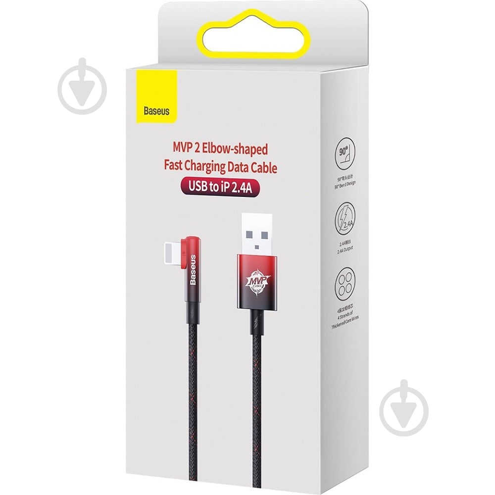 Кабель BASEUS MVP 2 Elbow-shaped Fast Charging Data Cable USB to iP 2.4A 2 м black/red (CAVP000120) - фото 4 Кабель BASEUS MVP 2 Elbow-shaped Fast Charging Data Cable USB to iP 2.4A 2 м black/red (CAVP000120) - фото 4