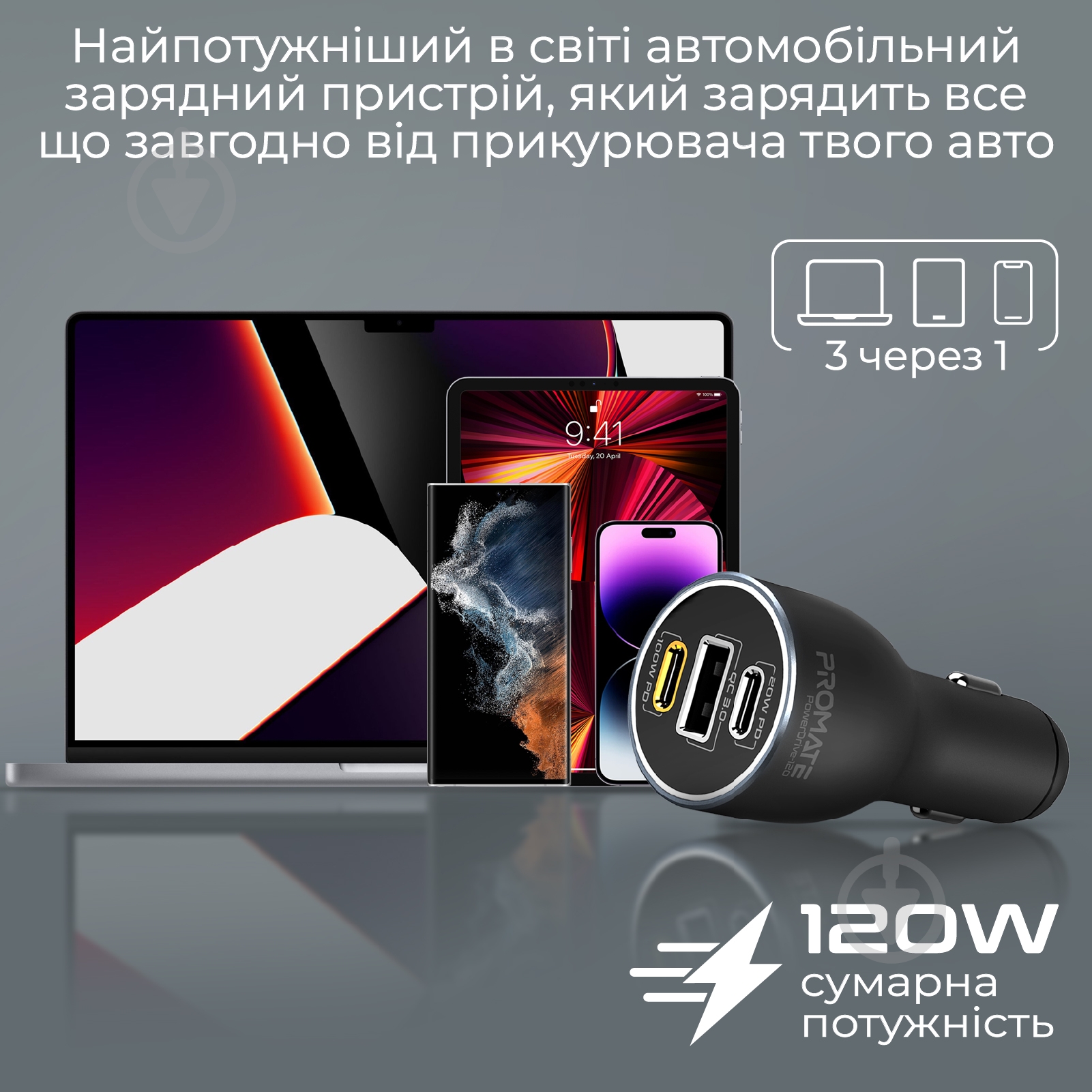 Автомобильное зарядное устройство Promate PowerDrive-120 W 2xUSB-C, USB-A - фото 2 Автомобильное зарядное устройство Promate PowerDrive-120 W 2xUSB-C, USB-A - фото 2