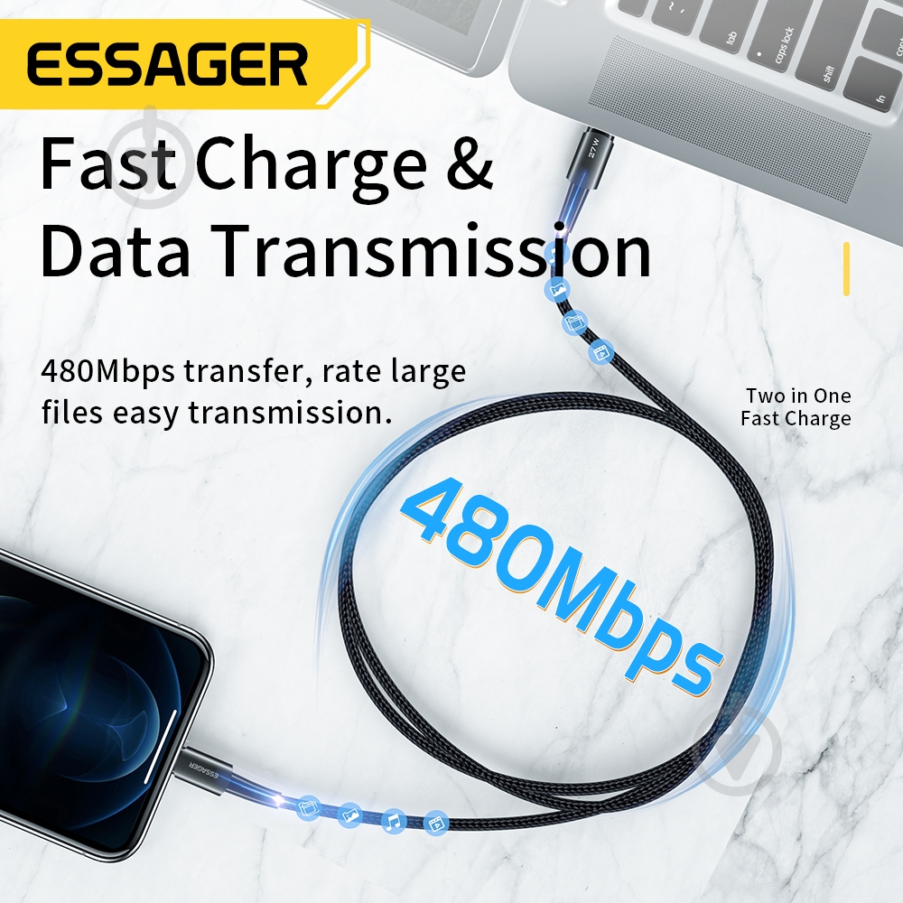 Кабель Essager Sunset Type-C to Lightning 20W USB 2 м черный (EXCTL-CGA01) - фото 4 Кабель Essager Sunset Type-C to Lightning 20W USB 2 м черный (EXCTL-CGA01) - фото 4