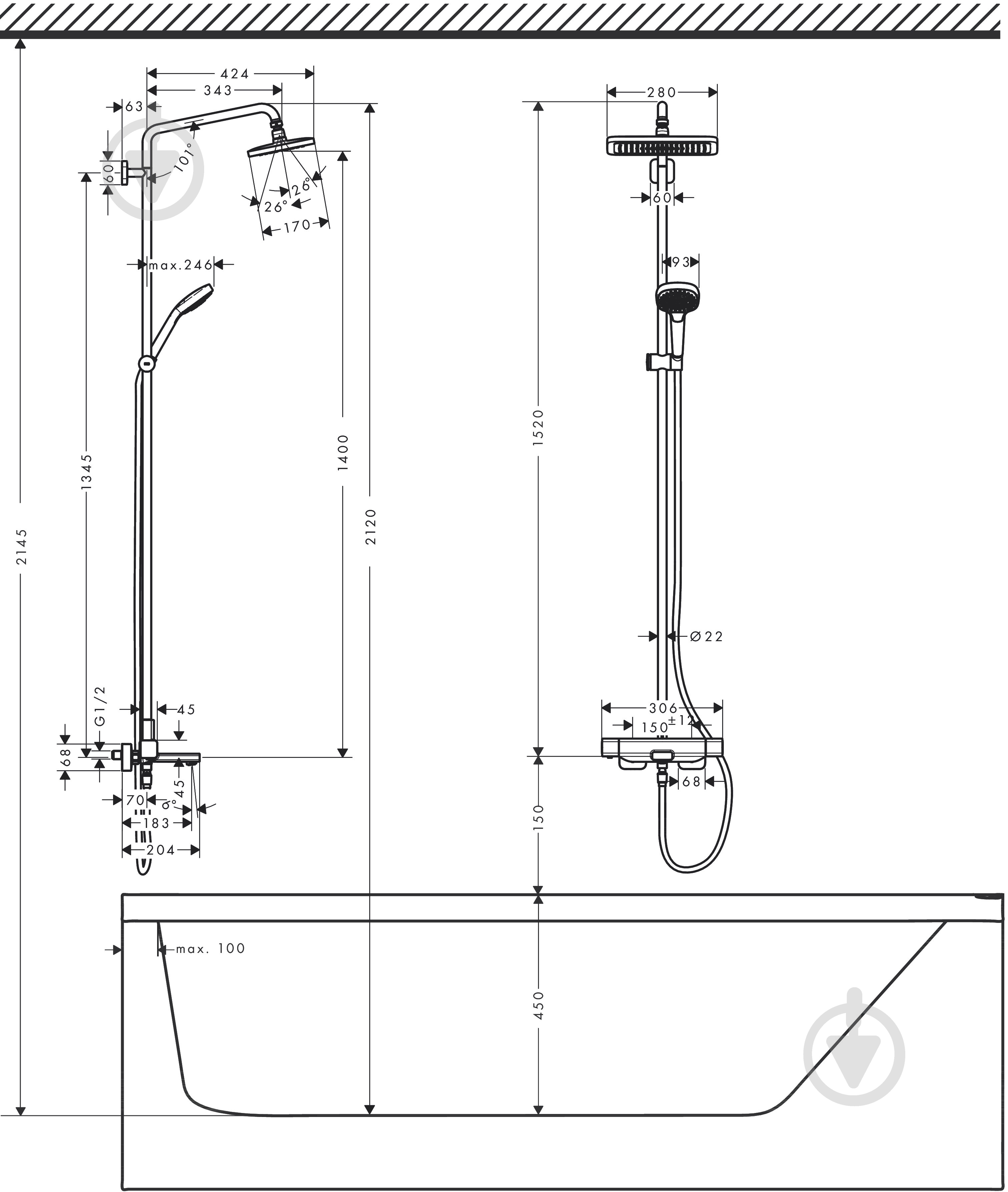 Душевая система Hansgrohe Croma E Showerpipe 280 1jet 27687000 хром - фото 3