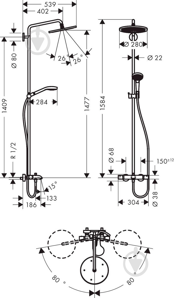 Душевая система Hansgrohe Croma Select S Showerpipe 280 1jet 26792000 хром - фото 2
