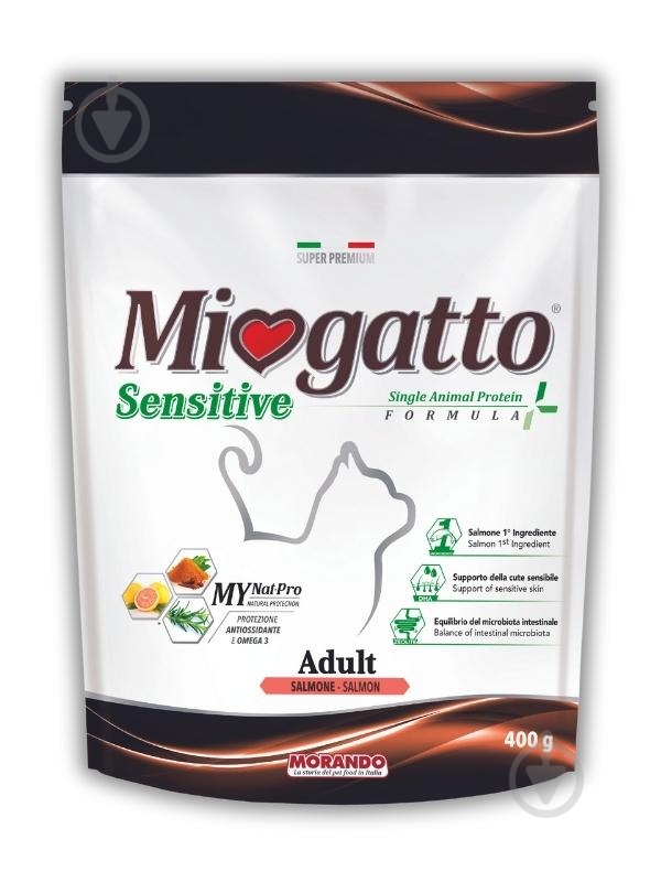 Корм сухий монопротеїновий для котів Morando Miogatto Sensitive Monoprotein лосось 400 г - фото 1 Корм сухий монопротеїновий для котів Morando Miogatto Sensitive Monoprotein лосось 400 г - фото 1
