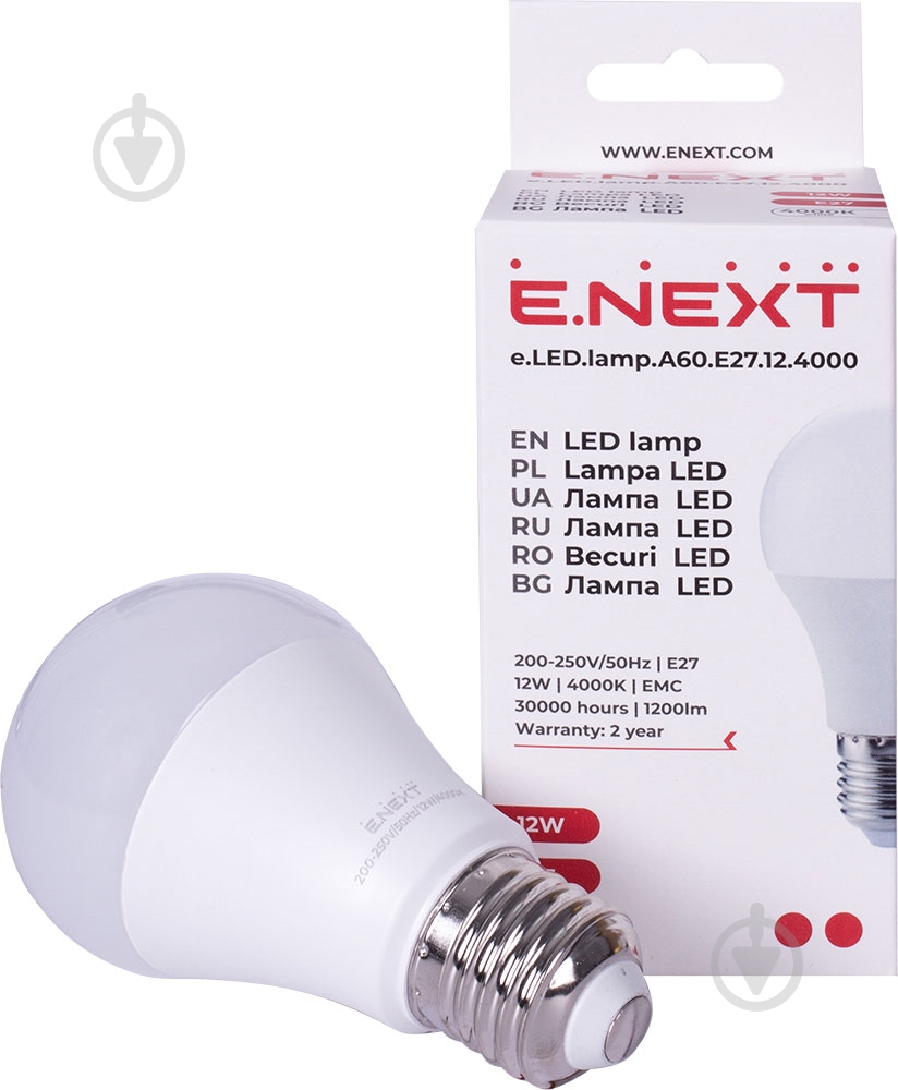 Лампа світлодіодна E.NEXT 12 Вт A60 E27 230 В 4000 К l0650604 - фото 2 Лампа світлодіодна E.NEXT 12 Вт A60 E27 230 В 4000 К l0650604 - фото 2