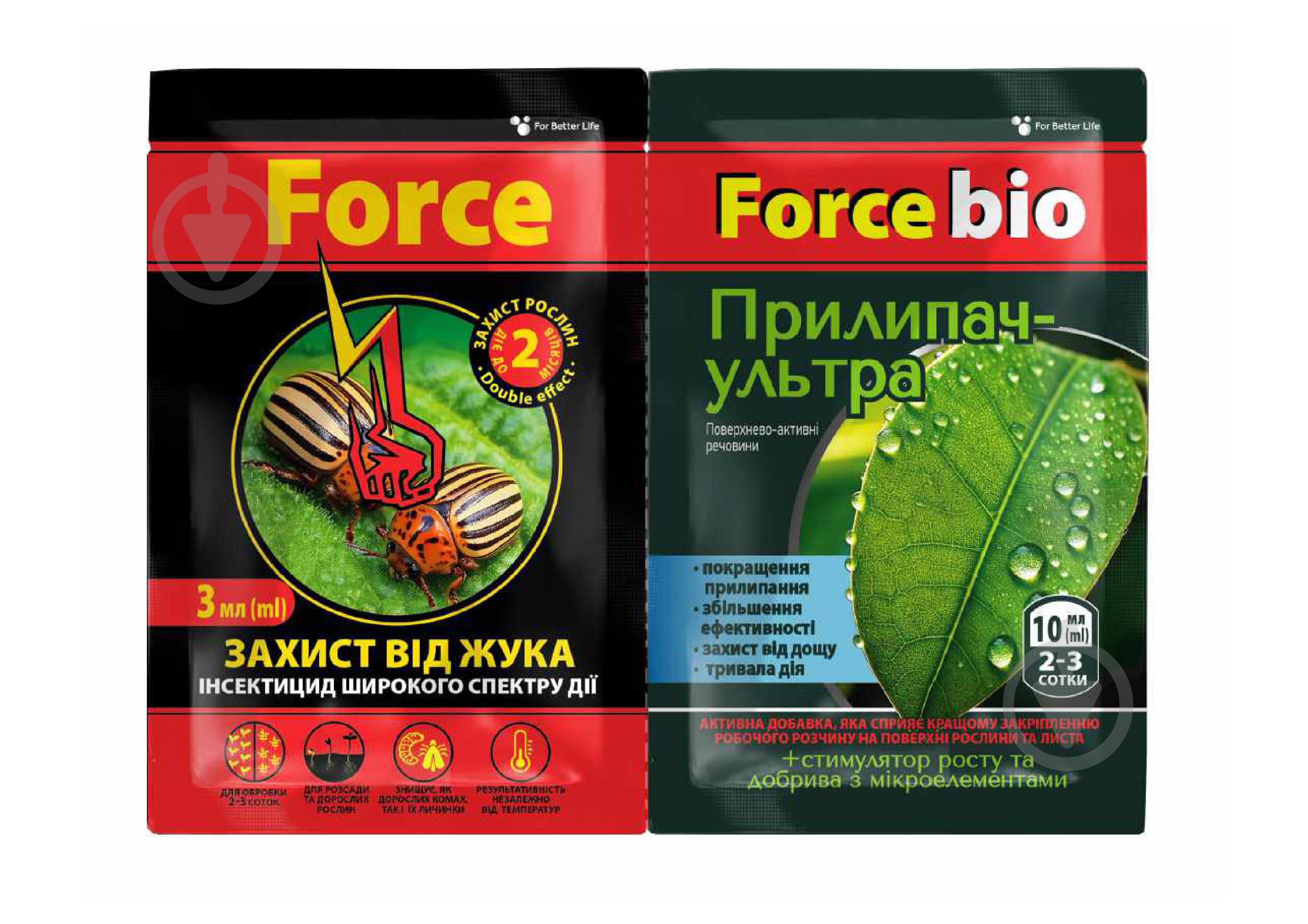 Інсекто-акарицид Force Force Захист від жука + ТМ ForceBio Прилипач з мікроелементами (Подвійний пакет), 3 мл+10 мл - фото 1