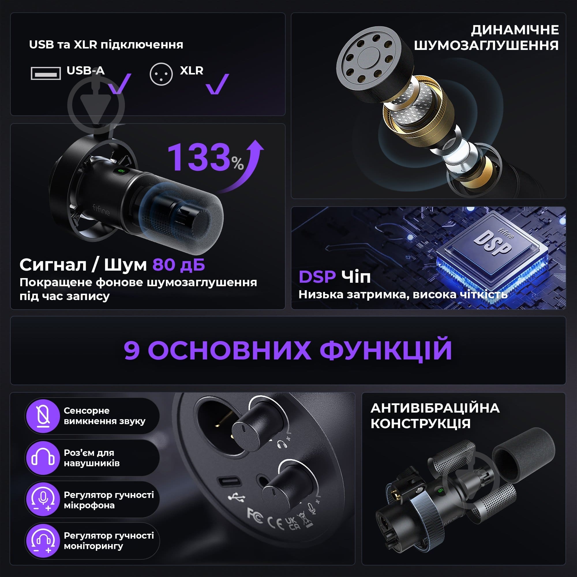 Мікрофон FIFINE USB/XLR Black (K688CT) - фото 9