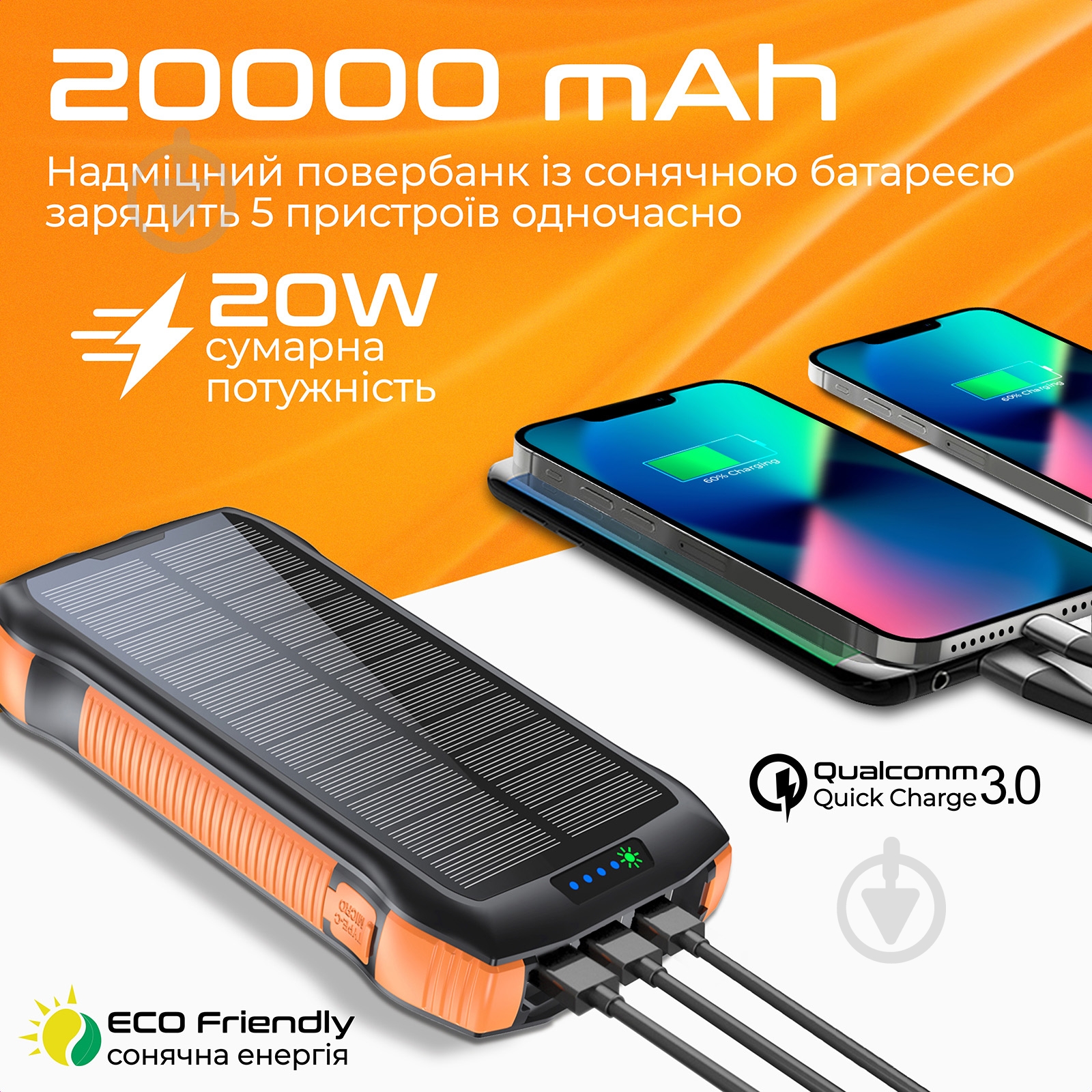 Повербанк із сонячною панеллю Promate 20000 mAh black (solartank-20pdqi.black) - фото 2