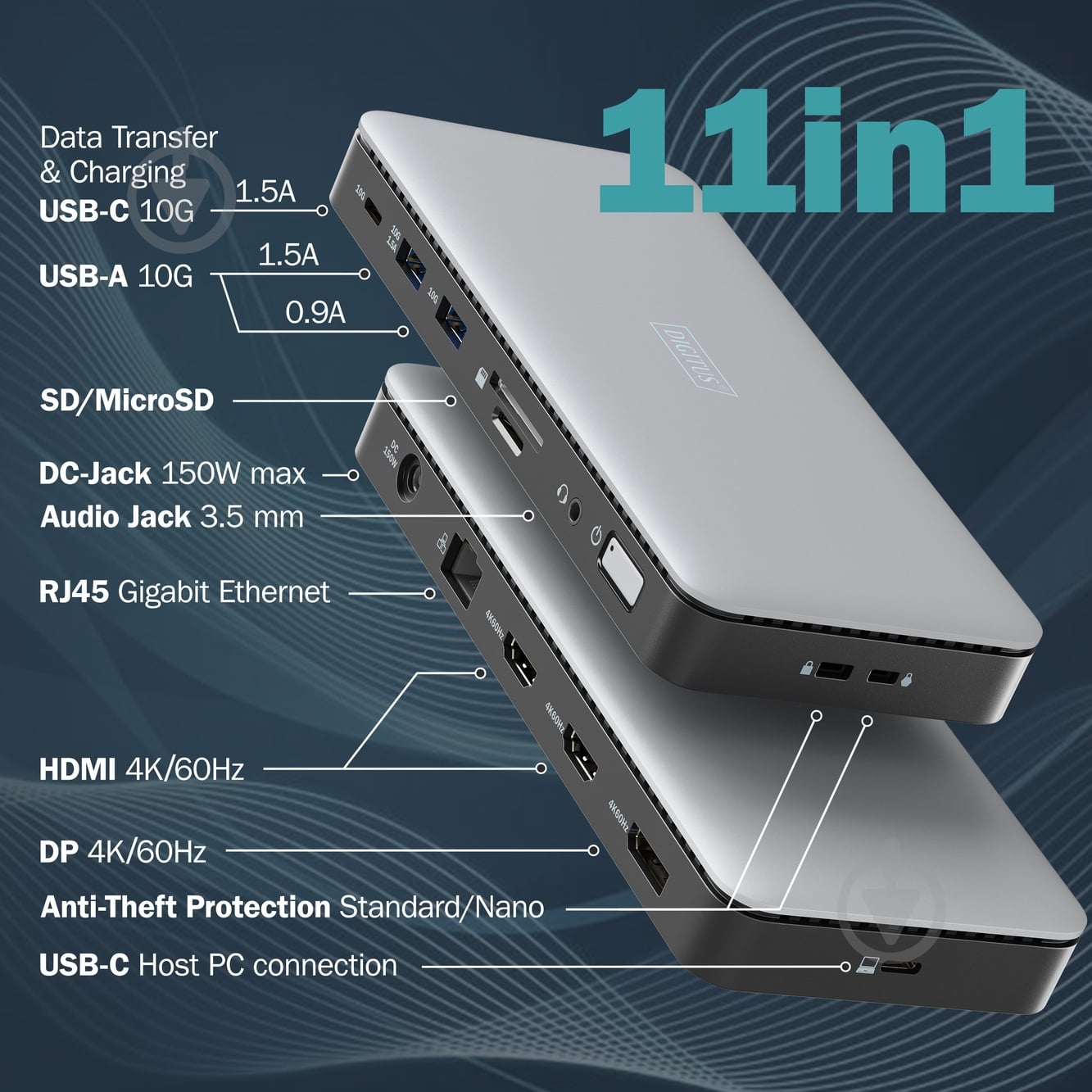 Док-станция Digitus USB-C 11 Port grey (DA-70917) - фото 5