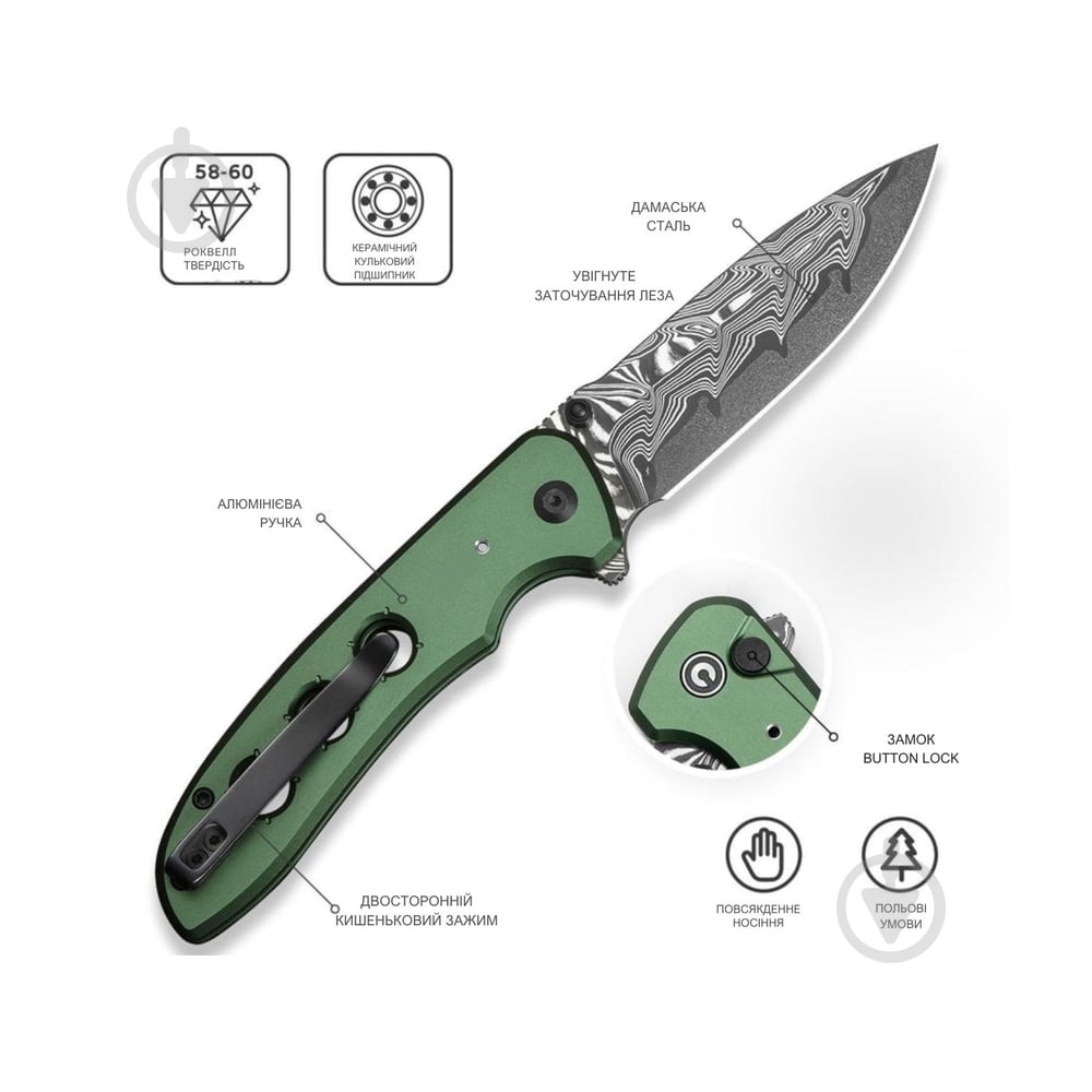 Нож складной Civivi Hyperpulse, дамасская сталь, темно-зеленый C23087A-DS1 - фото 6 Нож складной Civivi Hyperpulse, дамасская сталь, темно-зеленый C23087A-DS1 - фото 6