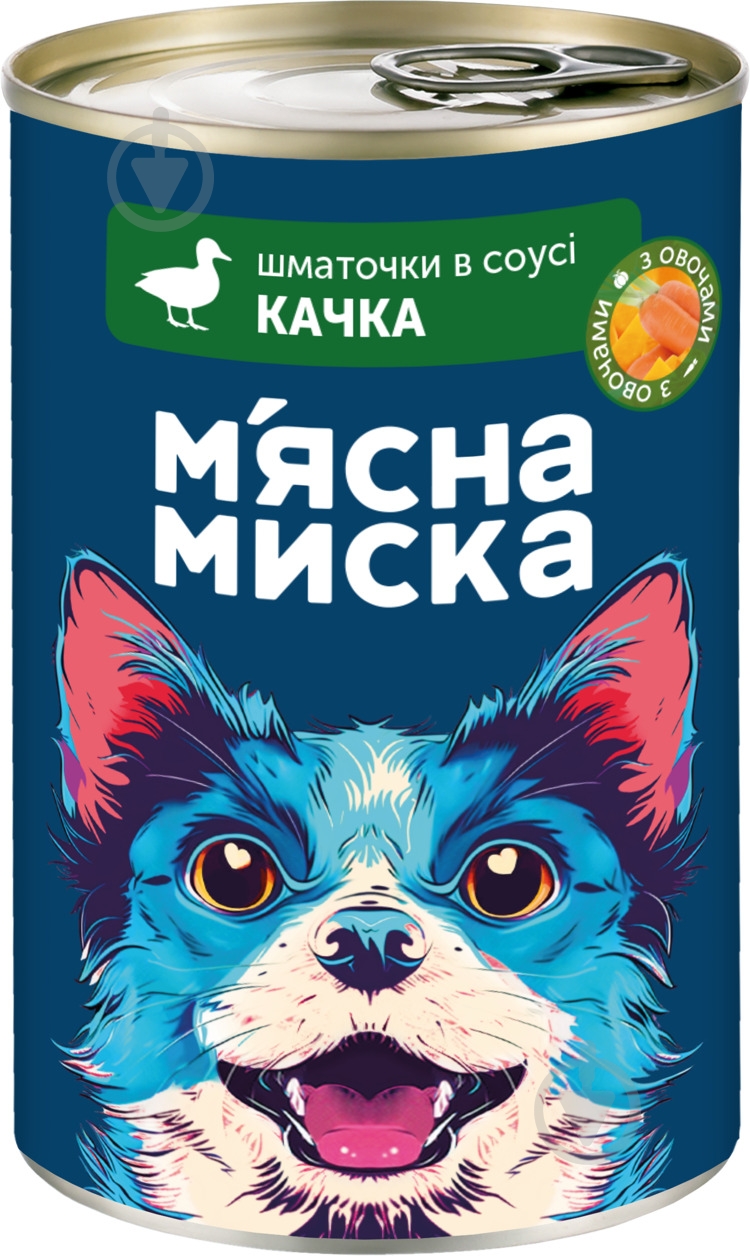 Корм влажный для собак М'ясна миска Кусочки в соусе с уткой и овощами 415 г - фото 1 Корм влажный для собак М'ясна миска Кусочки в соусе с уткой и овощами 415 г - фото 1