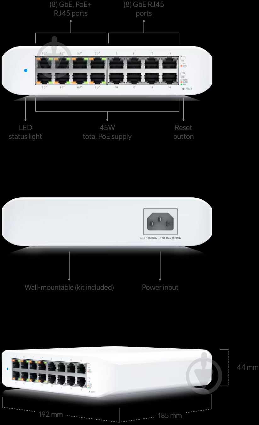 Коммутатор Ubiquiti Lite 16 PoE (USW-LITE-16-POE) - фото 6 Коммутатор Ubiquiti Lite 16 PoE (USW-LITE-16-POE) - фото 6