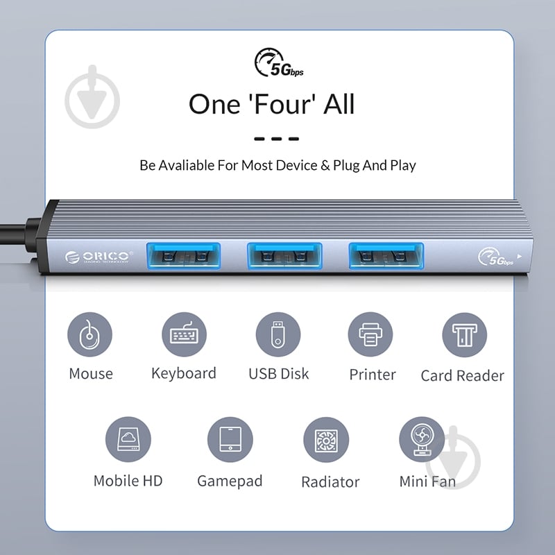 USB-хаб Orico USB-A - USB3.0, 2xUSB2.0, TF (AH-A12F-GY-BP) - фото 6 USB-хаб Orico USB-A - USB3.0, 2xUSB2.0, TF (AH-A12F-GY-BP) - фото 6