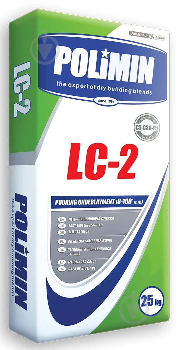 Стяжка Polimin LC-2 POURING UNDERLAYMENT для устройства элементов пола (толщина 8-100 мм) 25 кг - фото 1
