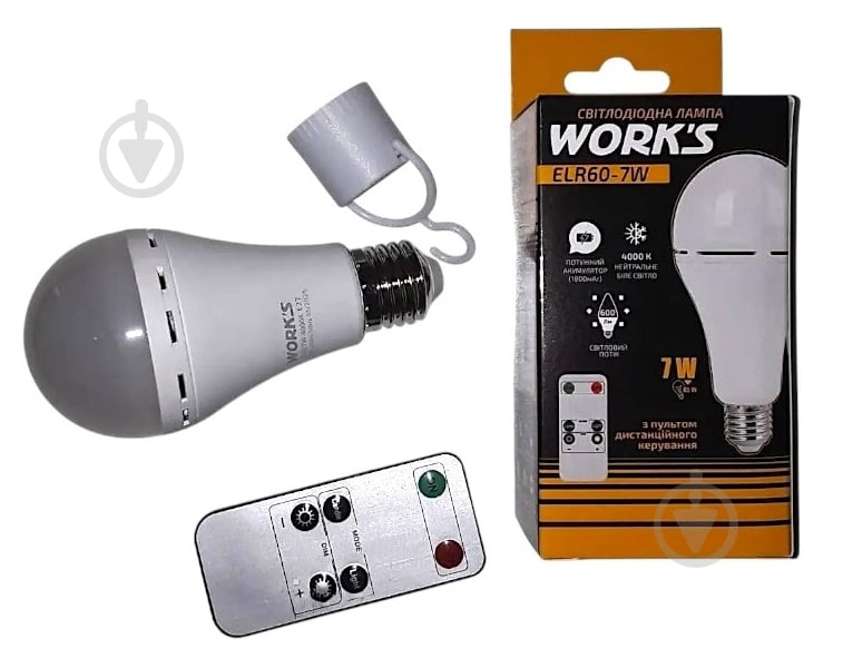 Лампа акумуляторна LED Work's Лампа LED, аварійна - ELR60-7W (A60, 3.7V 1800MAH 7 Вт A60 E27 220 В 4000 К 142572 - фото 1