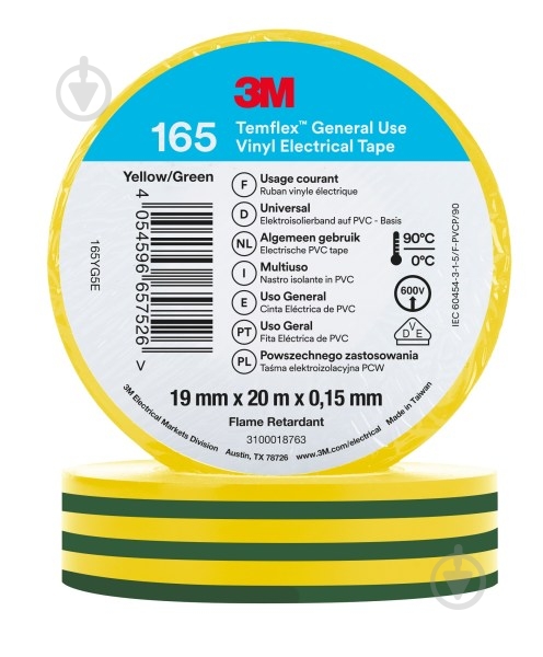 Изолента 3M Temflex полиэтилен 165 (19ммх20м) Y/G - фото 1