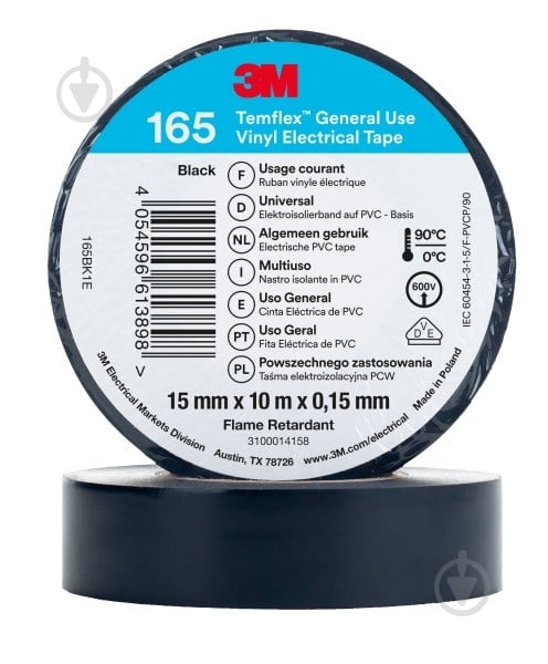Изолента 3M Temflex ПВХ 165 (15мм х 10м) BK - фото 1