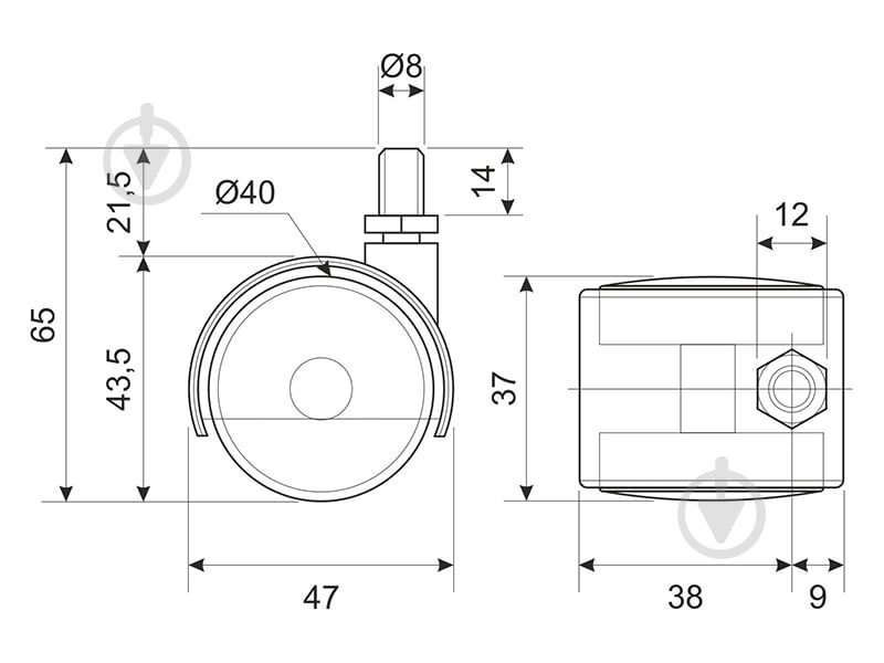 Ролик мебельный d40 мм с резьбовым штифтом М8 для офисного кресла (нейлоновый) - фото 3