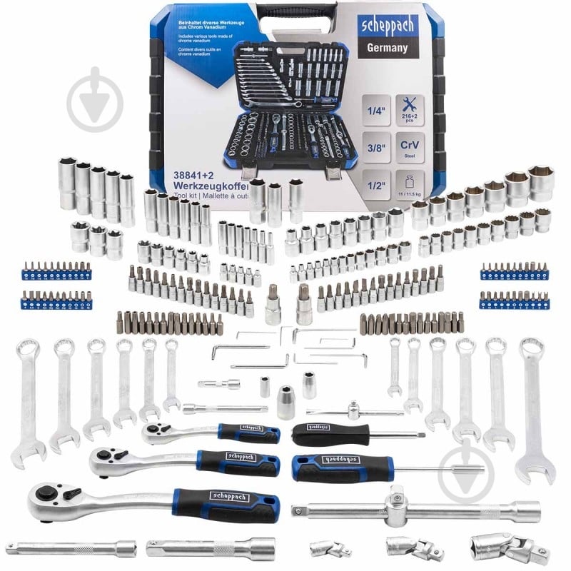 Набор ручного инструмента Scheppach 1/4'', 3/8'', 1/2''(6гр.) (4-32мм) 218 шт. SCH-38841+2 - фото 1 Набор ручного инструмента Scheppach 1/4'', 3/8'', 1/2''(6гр.) (4-32мм) 218 шт. SCH-38841+2 - фото 1