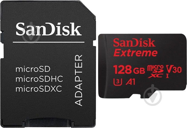 Карта памяти SanDisk microSD/microSDHC/microSDXC 128 ГБ UHS-I Class 3 (U3) R100/W90MB/s 4K Extreme + SD (SDSQXAF-128G-GN6MA) - фото 1 Карта памяти SanDisk microSD/microSDHC/microSDXC 128 ГБ UHS-I Class 3 (U3) R100/W90MB/s 4K Extreme + SD (SDSQXAF-128G-GN6MA) - фото 1