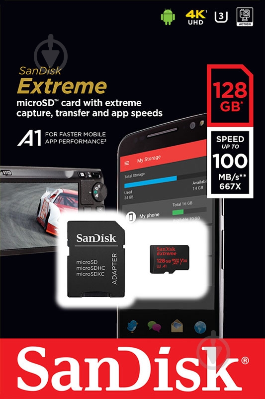 Карта памяти SanDisk microSD/microSDHC/microSDXC 128 ГБ UHS-I Class 3 (U3) R100/W90MB/s 4K Extreme + SD (SDSQXAF-128G-GN6MA) - фото 4 Карта памяти SanDisk microSD/microSDHC/microSDXC 128 ГБ UHS-I Class 3 (U3) R100/W90MB/s 4K Extreme + SD (SDSQXAF-128G-GN6MA) - фото 4